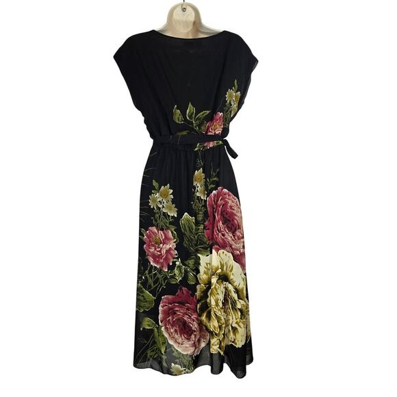 Vtg Boat Neck Large Floral Print Midi Dress Ciffon Feminine Korean Roses Large - Picture 6 of 8